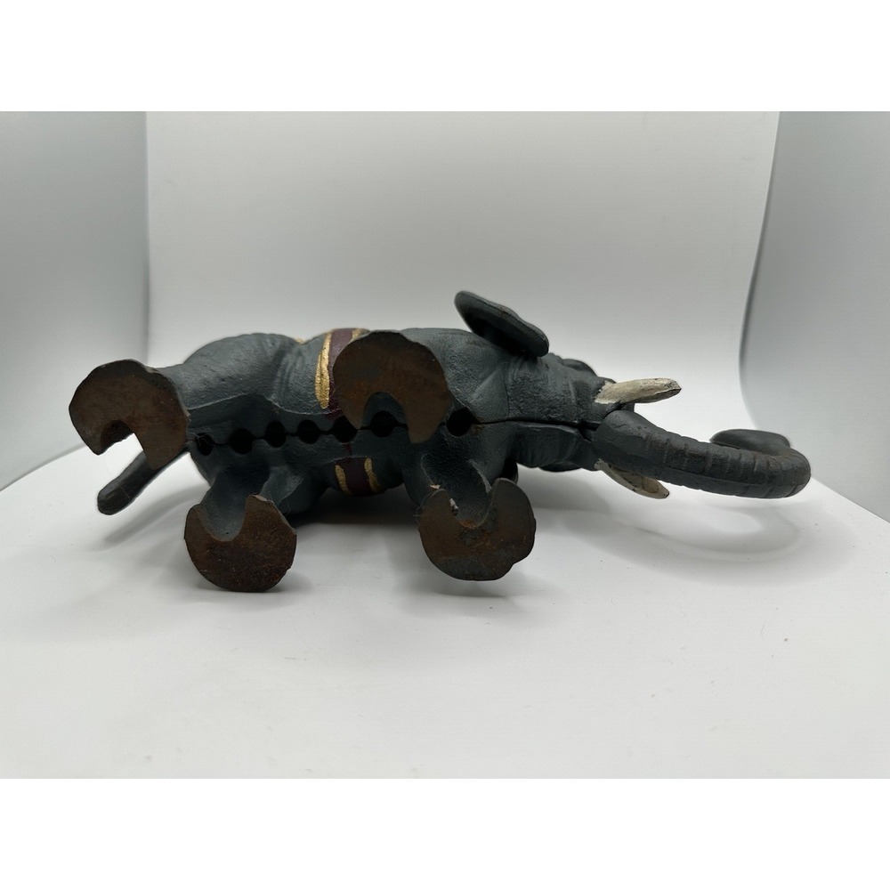 Vintage Cast Iron Hand Painted Gray Elephant Mechanical Coin Bank - Picture 6 of 12
